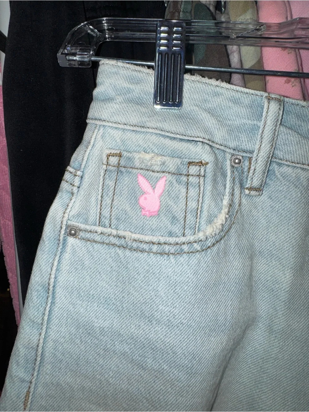 PLAYBOY Light Wash Denim High Waist Frayed Shorts with Pink Bunny